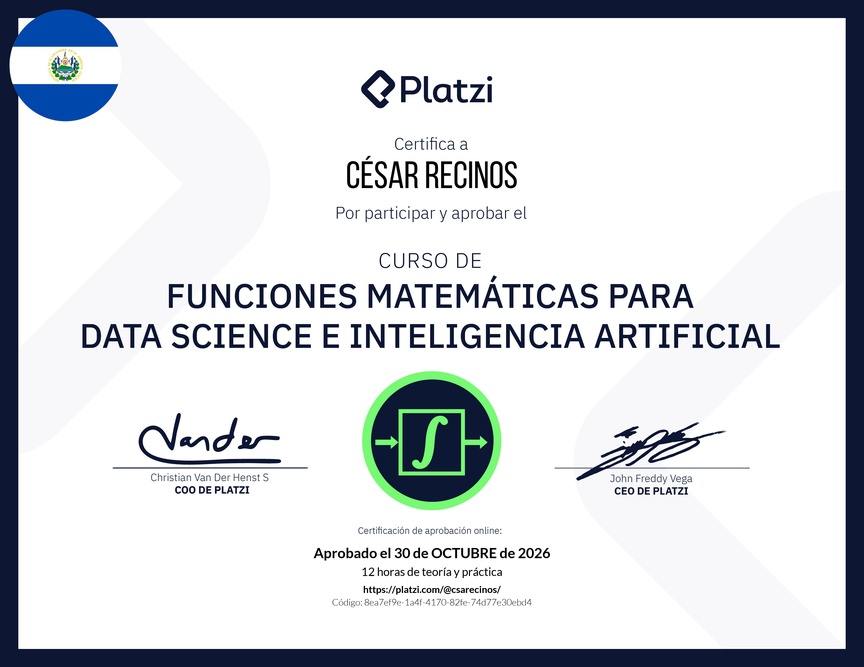 Diploma del Curso de Funciones Matemáticas para Data Science e Inteligencia Artificial