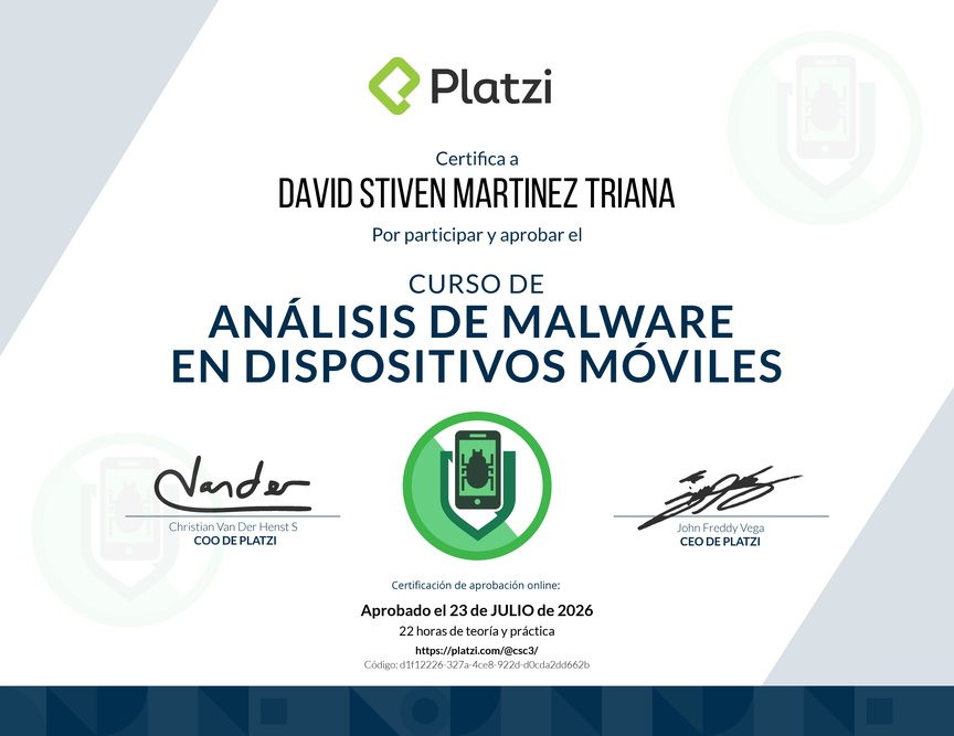Diploma del Curso de Análisis de Malware para Dispositivos Móviles