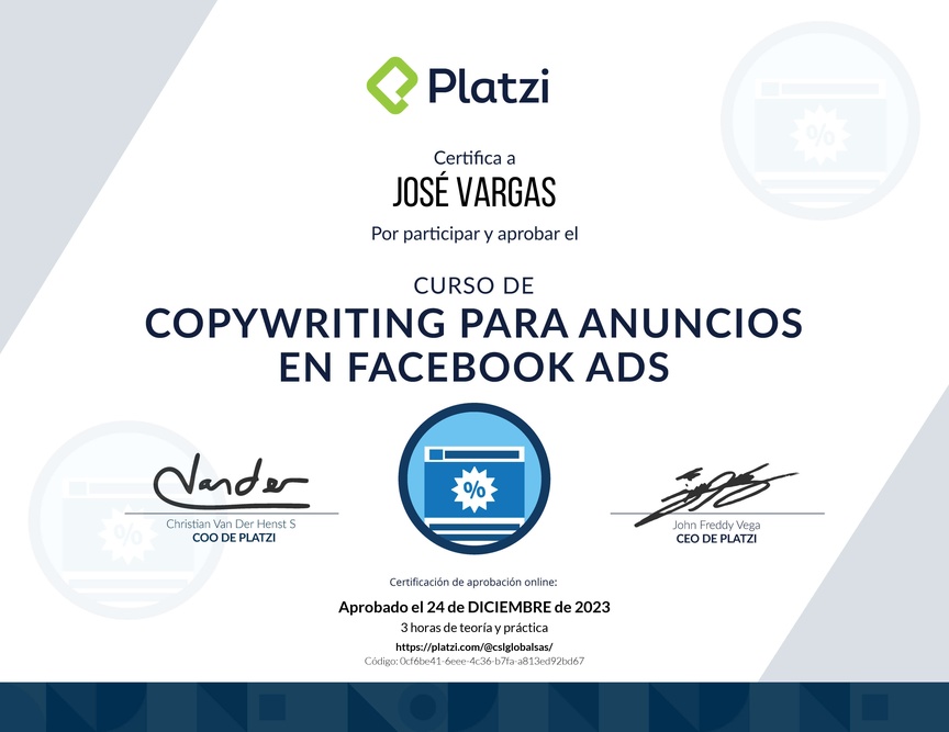 Diploma del Curso de Técnicas de Copywriting para Facebook Ads