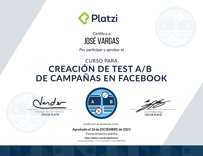 Diploma del Curso para Crear Campañas de A/B Testing en Facebook Ads