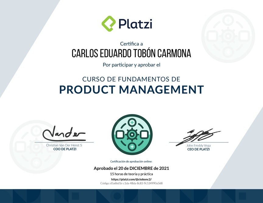 Diploma de Audiocurso de Fundamentos para Product Managers