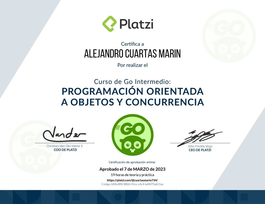 Diploma del Curso de Go Intermedio: Programación Orientada a Objetos y Concurrencia