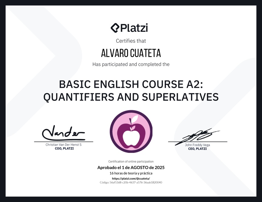 Diploma del Curso de Inglés Básico A2: Cuantificadores y Superlativos