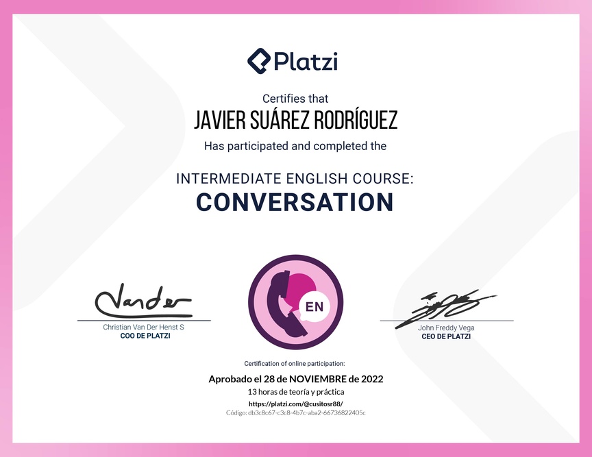 Diploma del Curso de Inglés Intermedio: Conversación 2020