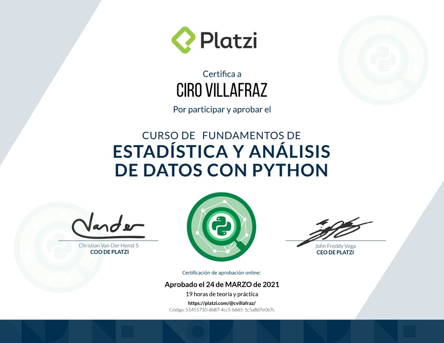 Diploma del Curso de Fundamentos de Estadística y Análisis de Datos con Python