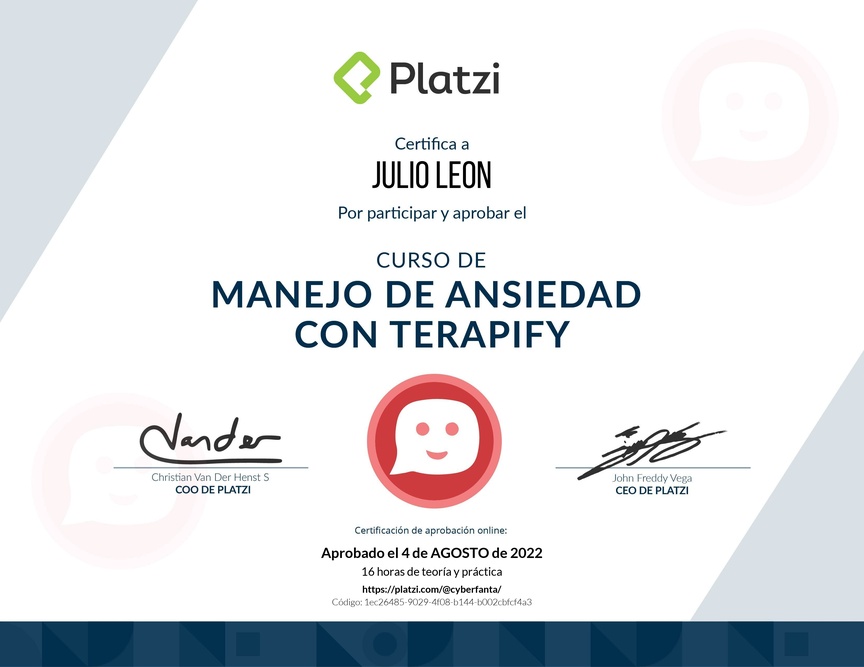 Diploma del Curso de Manejo de Ansiedad con Terapify