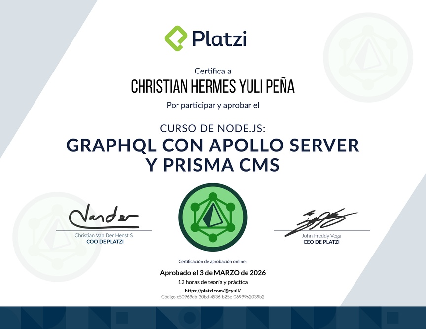 Diploma del Curso Avanzado de Node.js con GraphQL, Apollo Server y Prisma