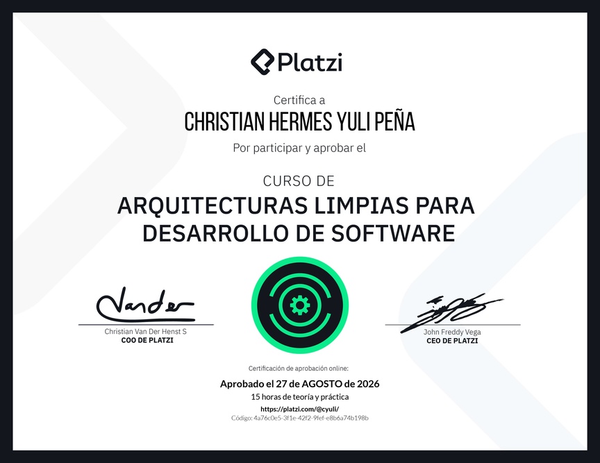 Diploma del Curso de Arquitecturas Limpias para Desarrollo de Software