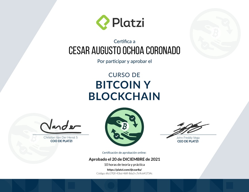 Diploma del Curso de Bitcoin y Blockchain