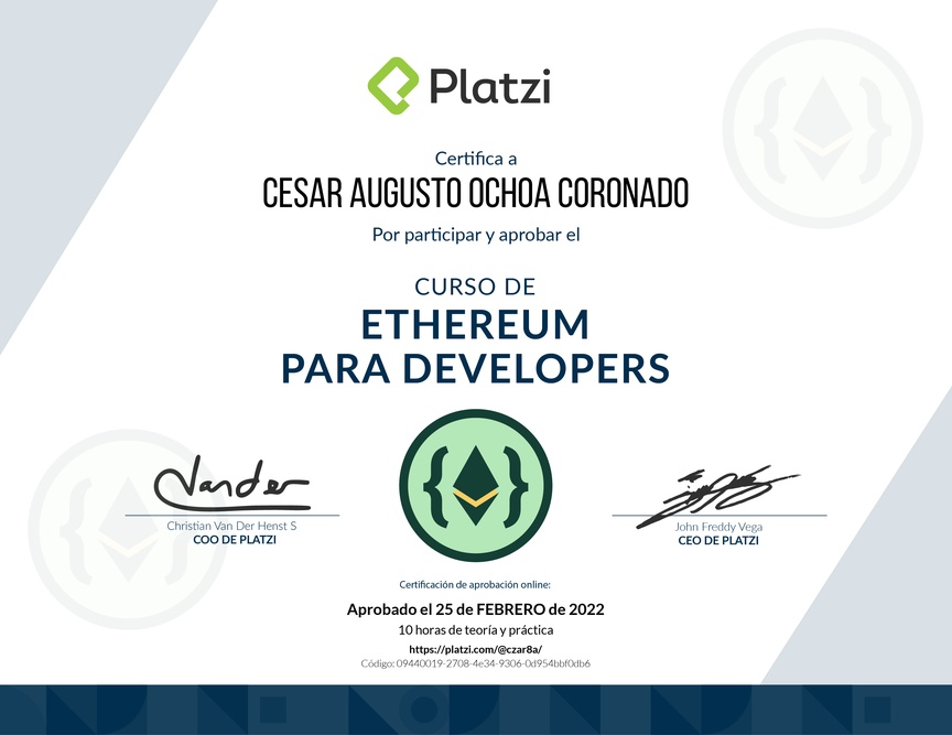 Diploma del Curso de Ethereum para Developers