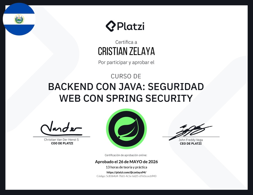 Diploma del Curso de Java Spring Security: Autenticación y Seguridad Web