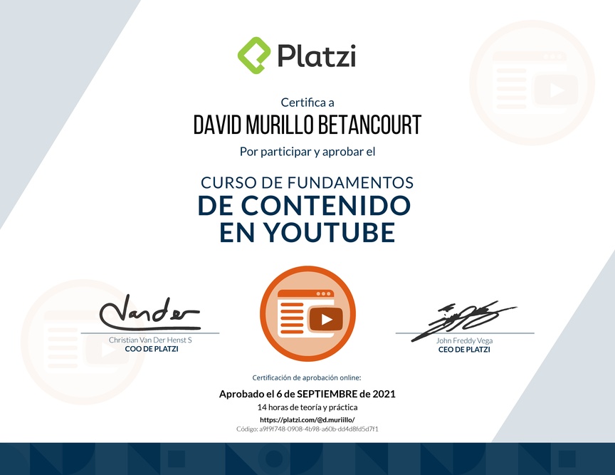 Diploma del Curso de Fundamentos de Contenido de YouTube