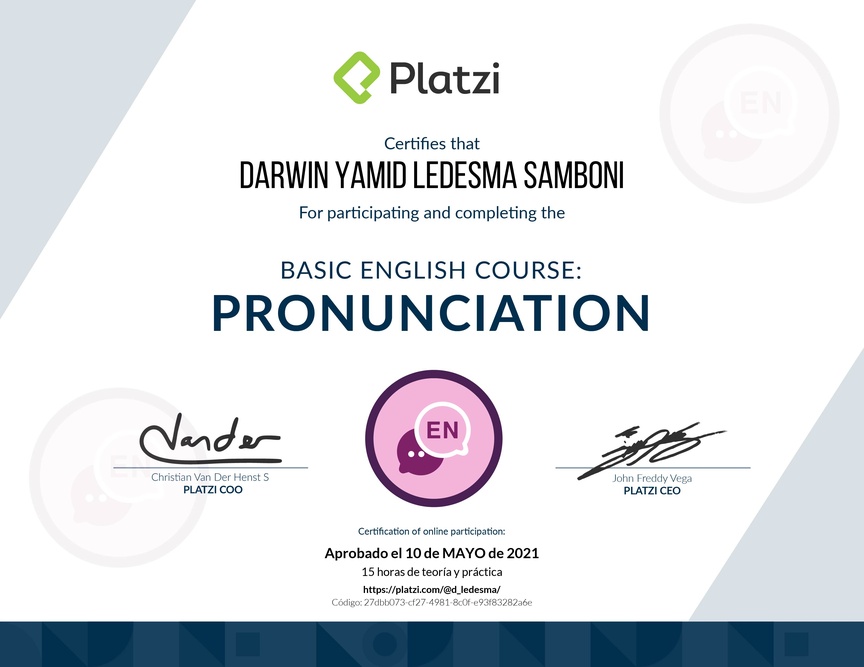 Diploma del Curso de pronunciación básica en Inglés 2020