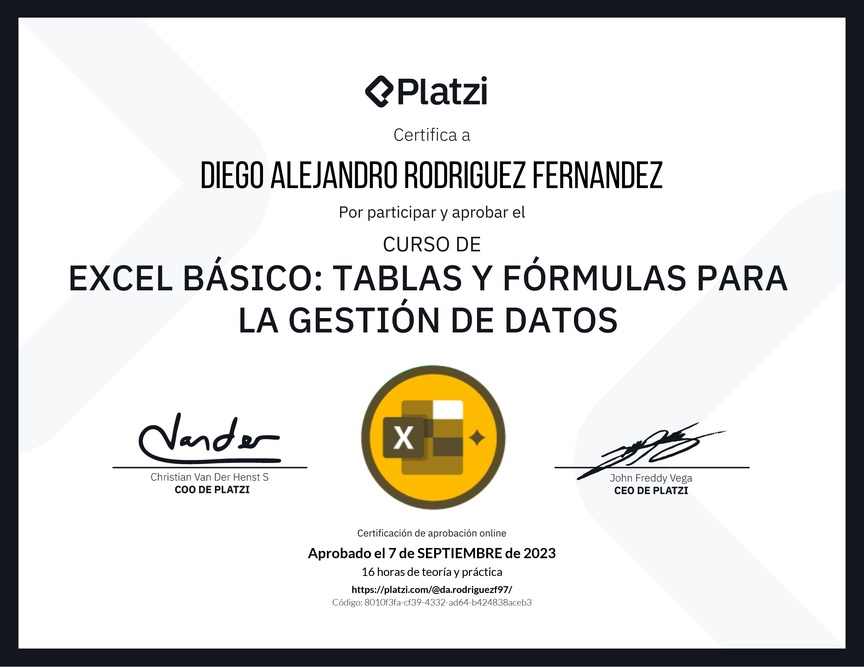 Diploma del Curso de Excel Básico: Tablas y Fórmulas para la Gestión de Datos