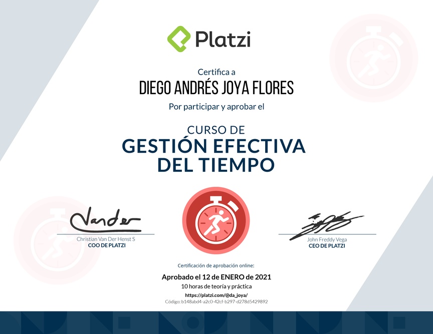 Diploma del Curso de Gestión Efectiva del Tiempo