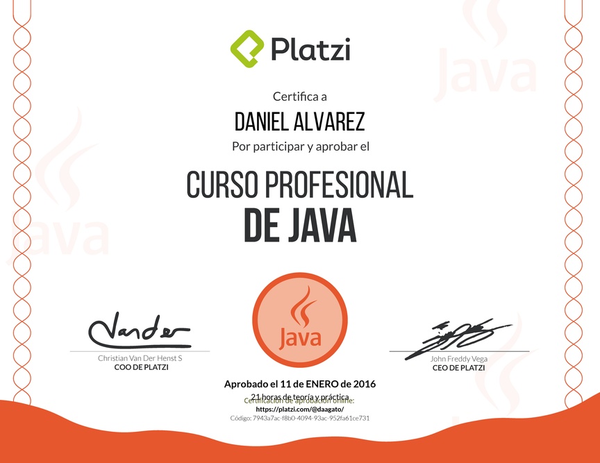 Diploma del Curso de Java para APIs REST 2016