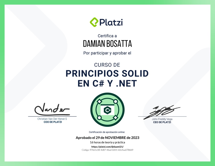 Diploma del Curso de Principios SOLID en C# y .NET