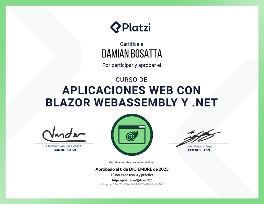 Diploma del Curso de Aplicaciones Web con Blazor WebAssembly y .NET