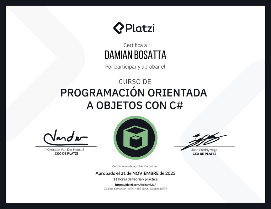 Diploma del Curso de Programación Orientada a Objetos con C#