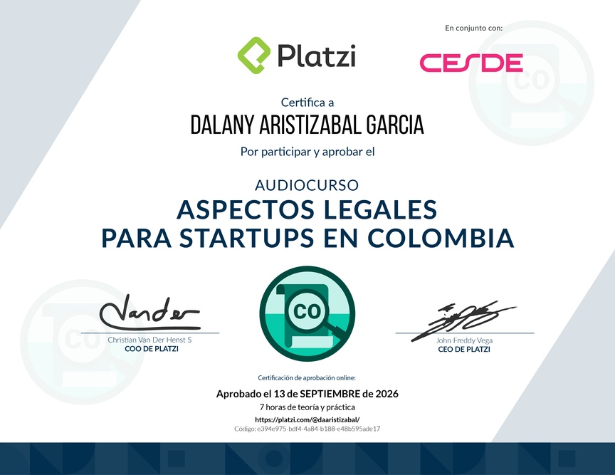 Diploma de Audiocurso Aspectos Legales para Startups en Colombia