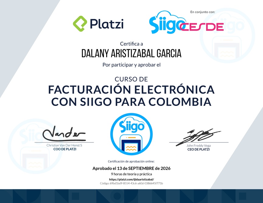 Diploma del Curso de Facturación Electrónica con Siigo para Colombia
