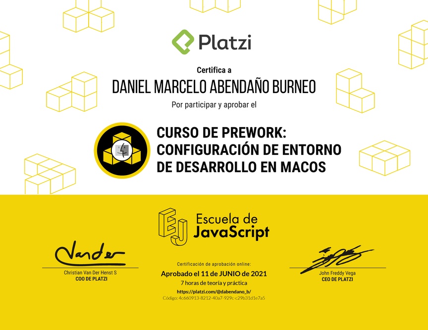 Diploma del Curso de Prework: Buenas Prácticas y Entorno de Desarrollo en macOS 2019