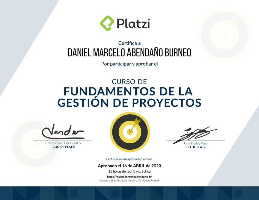 Diploma del Curso de Fundamentos de Gestión de Proyectos 2019