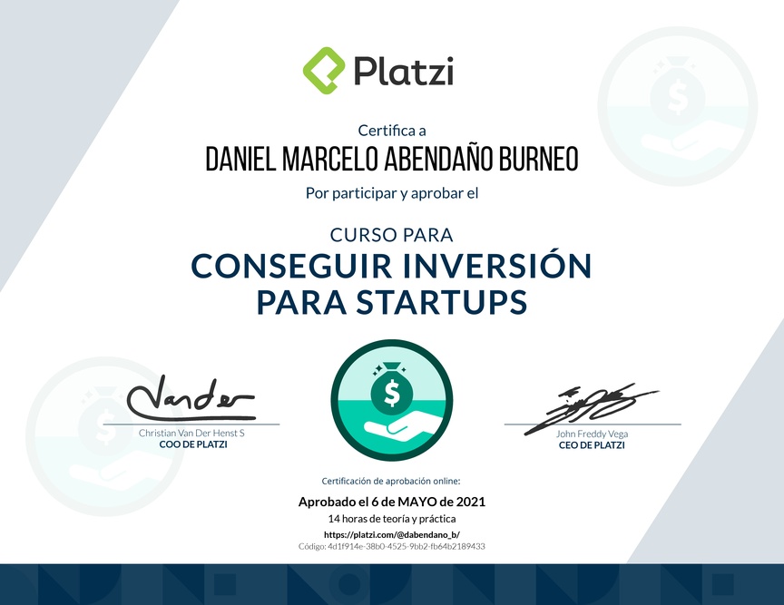 Diploma del Curso para Conseguir Inversión para Startups en Etapa Temprana