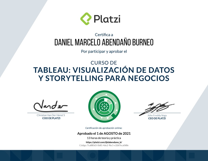 Diploma del Curso de Tableau: Visualización de Datos y Storytelling para Negocios