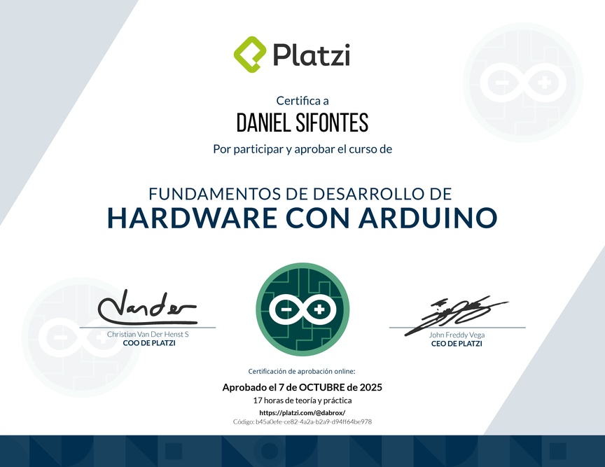 Diploma del Curso Fundamentos de Desarrollo de Hardware con Arduino