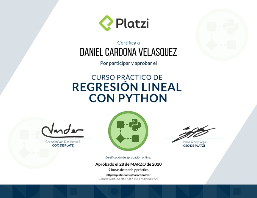 Diploma del Curso Práctico de Regresión Lineal con Python