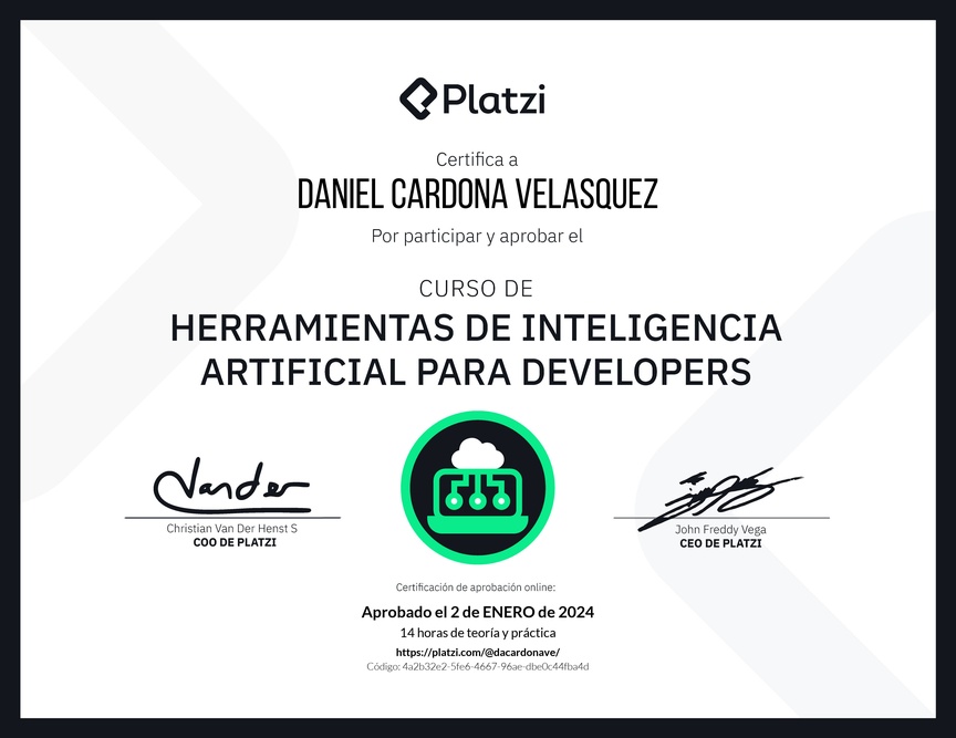 Diploma del Curso de Herramientas de Inteligencia Artificial para Developers (2023)