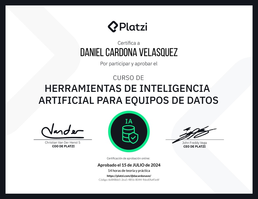 Diploma del Curso de Herramientas de Inteligencia Artificial para Equipos de Datos