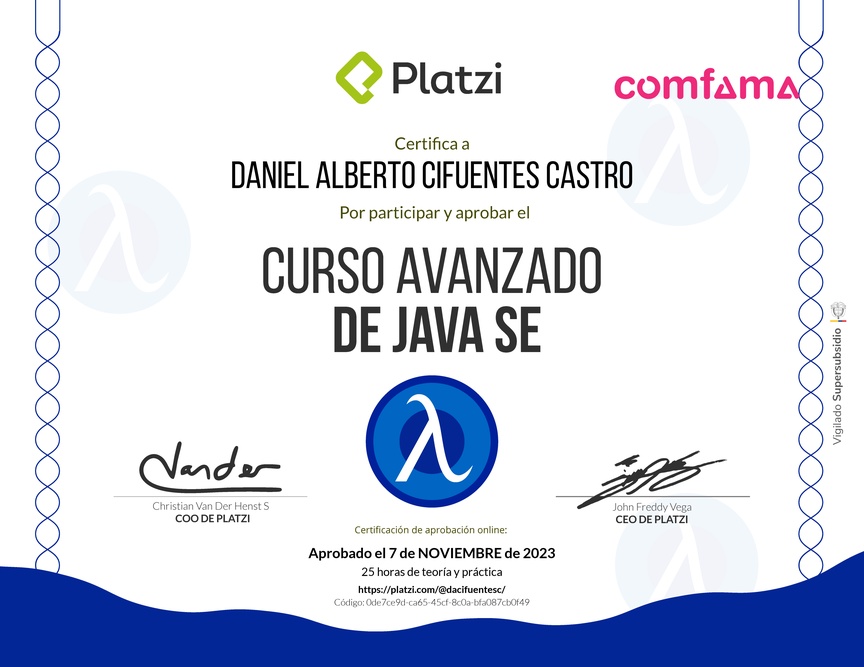 Diploma del Curso Avanzado de Java SE