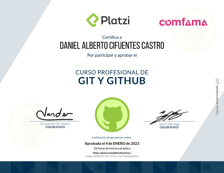 Diploma del Curso Profesional de Git y GitHub