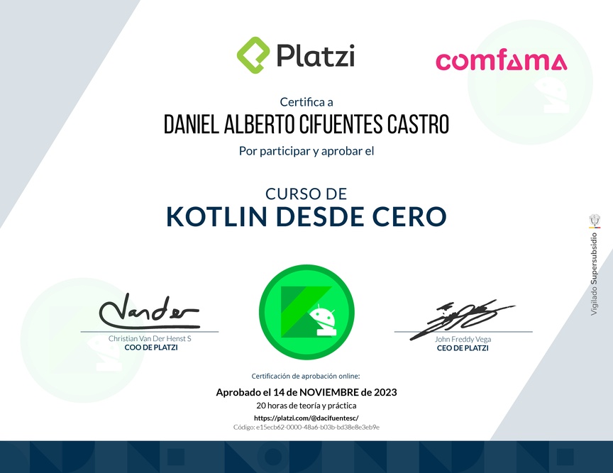 Diploma del Curso de Kotlin desde Cero