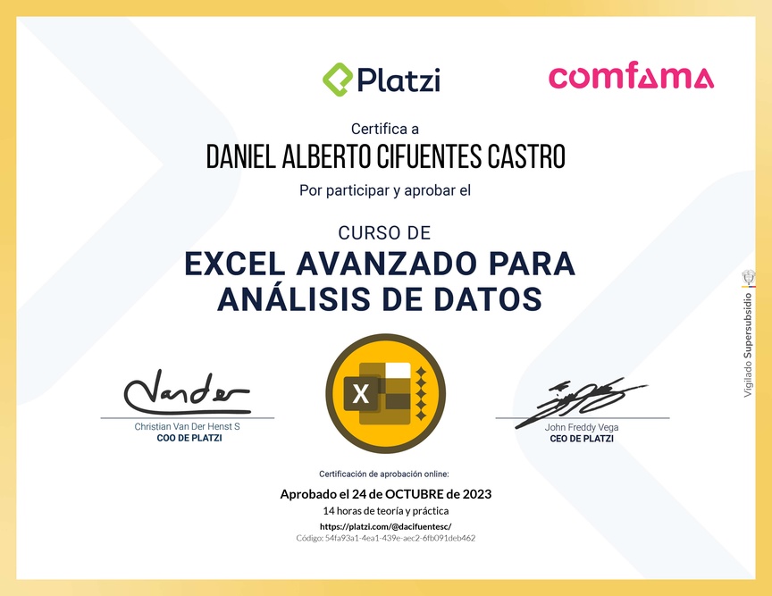 Diploma del Curso de Excel Avanzado para Análisis de Datos