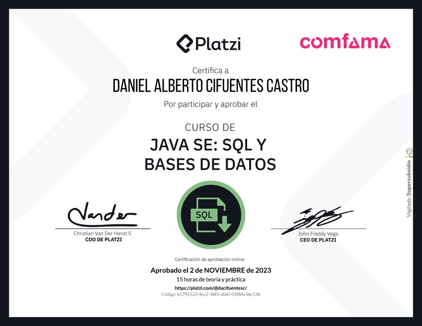 Diploma del Curso de Java SE: SQL y Bases de Datos
