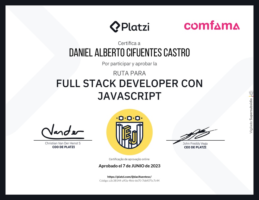 Diploma de la Ruta de Aprendizaje de Full Stack Developer con JavaScript