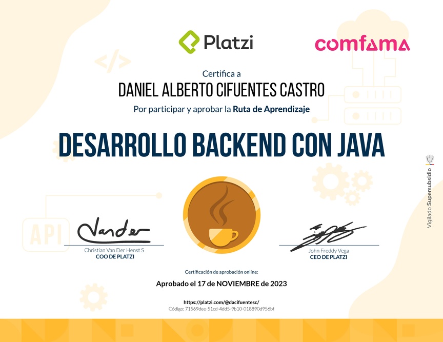 Diploma de la Ruta de Aprendizaje de Desarrollo Backend con Java