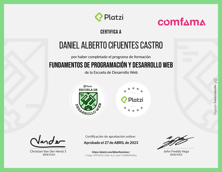 Diploma de la Ruta de Aprendizaje de Fundamentos de Programación y Desarrollo Web
