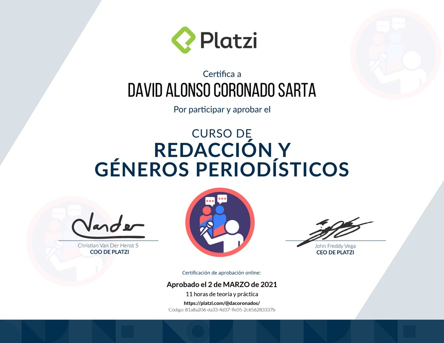 Diploma del Curso de Redacción y Géneros Periodísticos