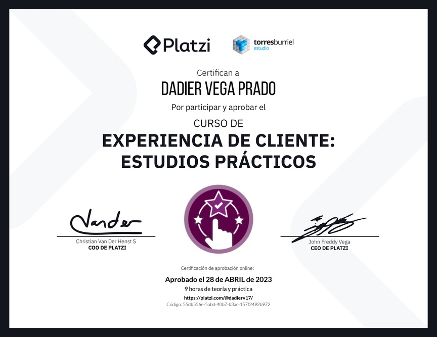 Diploma del Curso de Experiencia de Cliente: Estudios Prácticos