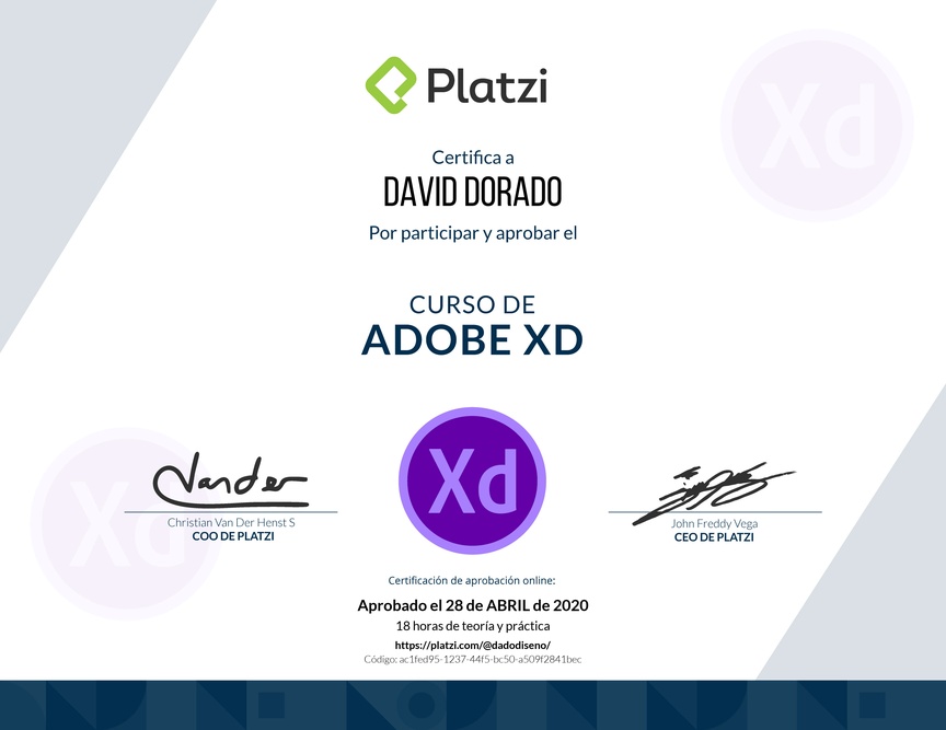 Diploma del Curso de Adobe XD 2019