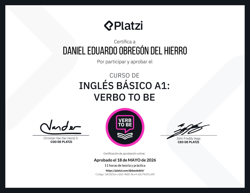 Diploma del Curso de Inglés Básico A1: Verbo To Be