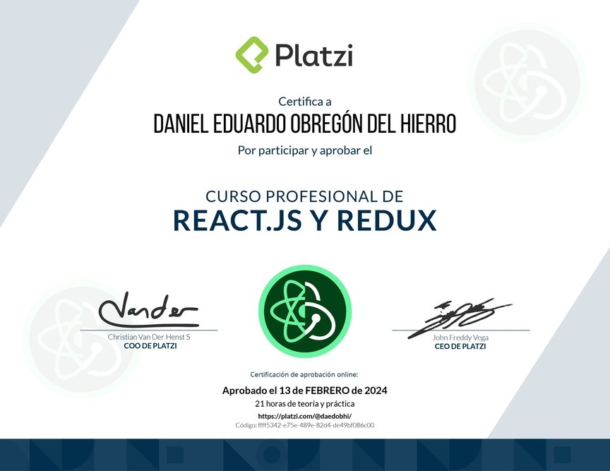 Diploma del Curso Profesional de React.js y Redux
