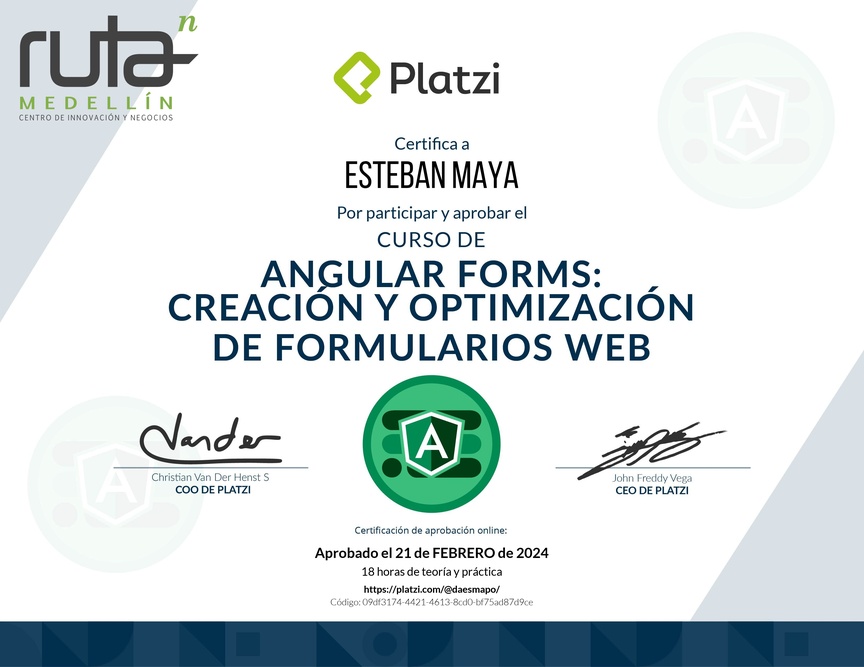 Diploma del Curso de Angular Forms: Creación y Optimización de Formularios Web