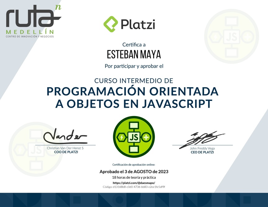 Diploma del Curso Intermedio de Programación Orientada a Objetos en JavaScript