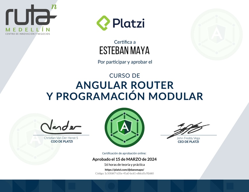 Diploma del Curso de Angular Router: Lazy Loading y Programación Modular