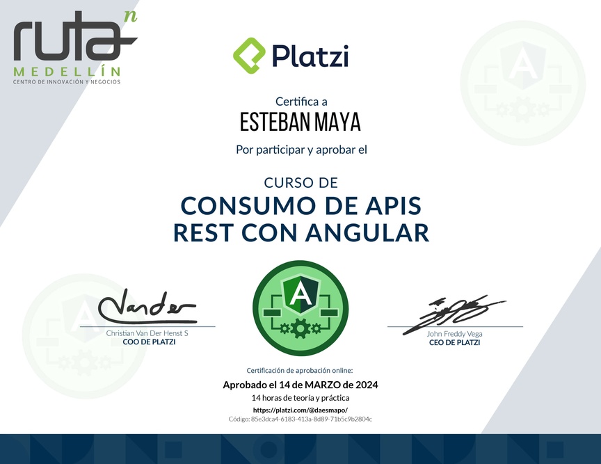 Diploma del Curso de Consumo de APIs REST con Angular